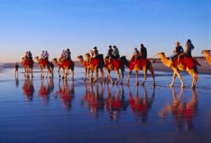 Tourists riding camels along the wet sand of Cable Beach at sunset in Broome, Western Australia, with reflections on the shoreline.